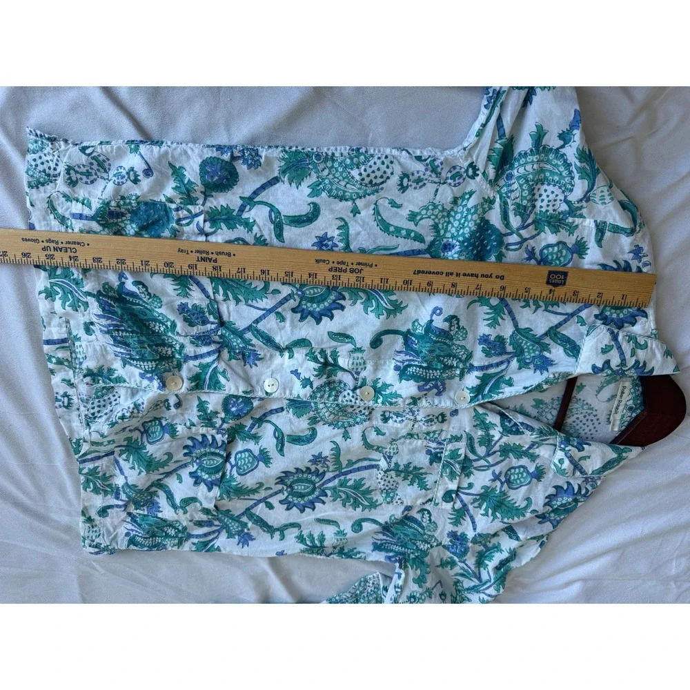 Roller Rabbit Blue Green Block Print Floral Cotton Pajama Top M Boho Prep pocket